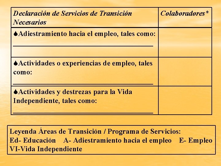 Declaración de Servicios de Transición Necesarios Colaboradores* Adiestramiento hacia el empleo, tales como: ___________________