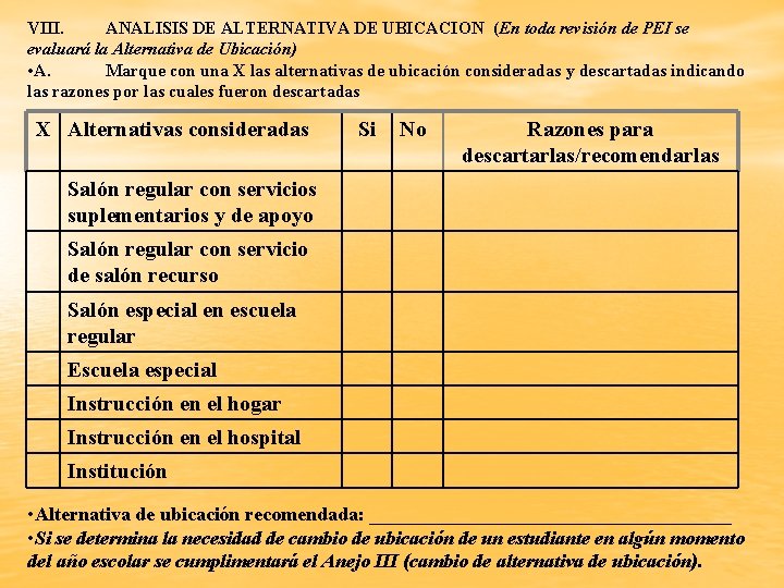VIII. ANALISIS DE ALTERNATIVA DE UBICACION (En toda revisión de PEI se evaluará la