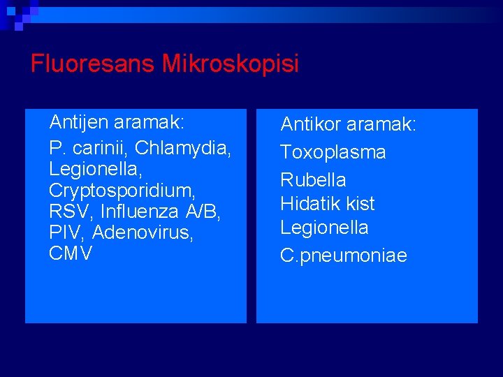 Fluoresans Mikroskopisi n n Antijen aramak: P. carinii, Chlamydia, Legionella, Cryptosporidium, RSV, Influenza A/B,
