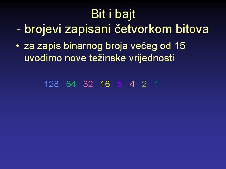 Bit i bajt - brojevi zapisani četvorkom bitova • za zapis binarnog broja većeg