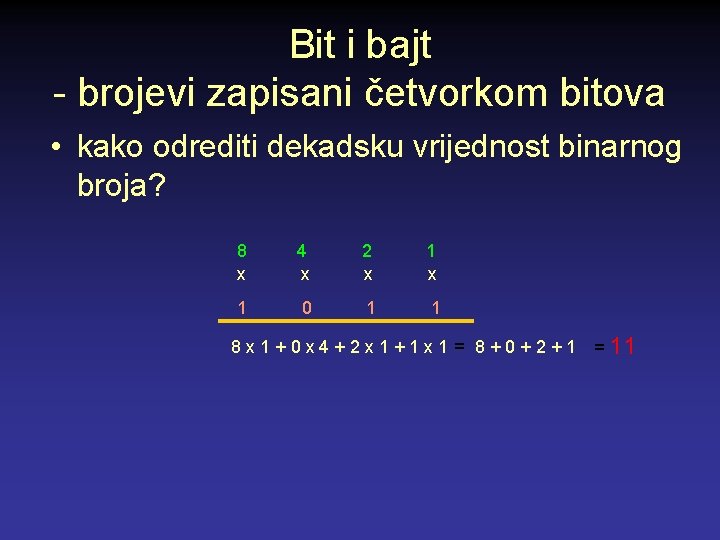 Bit i bajt - brojevi zapisani četvorkom bitova • kako odrediti dekadsku vrijednost binarnog