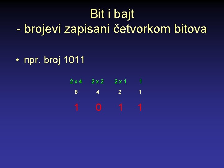 Bit i bajt - brojevi zapisani četvorkom bitova • npr. broj 1011 2 x