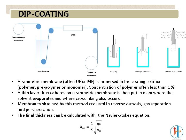 DIP-COATING • Asymmetric membrane (often UF or MF) is immersed in the coating solution