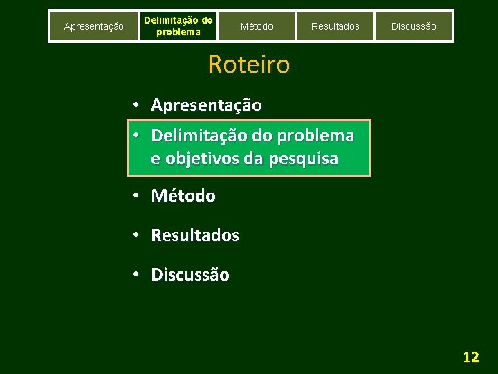 Apresentação Delimitação do problema Método Resultados Discussão Roteiro • Apresentação • Delimitação do problema