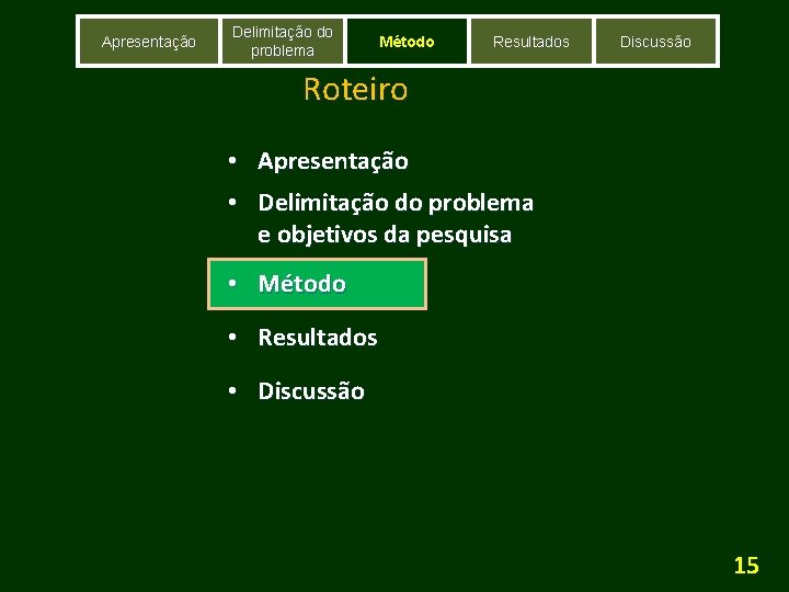 Apresentação Delimitação do problema Método Resultados Discussão Roteiro • Apresentação • Delimitação do problema