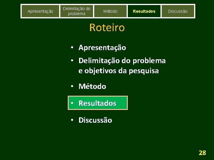 Apresentação Delimitação do problema Método Resultados Discussão Roteiro • Apresentação • Delimitação do problema