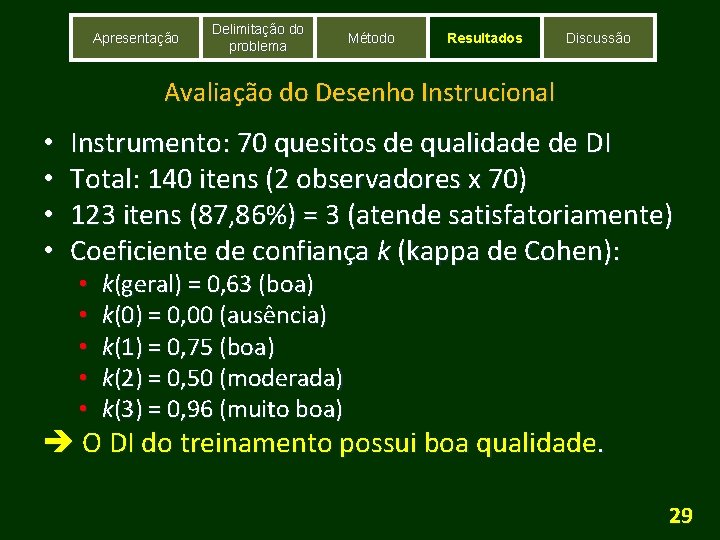 Apresentação Delimitação do problema Método Resultados Discussão Avaliação do Desenho Instrucional • • Instrumento: