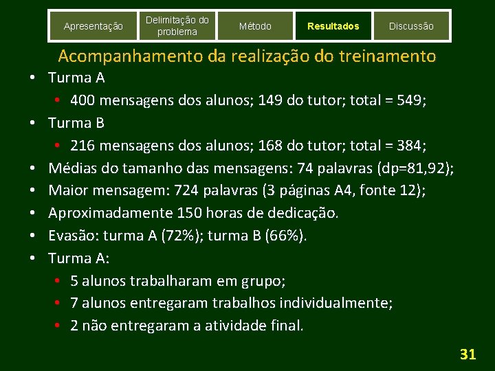 Apresentação Delimitação do problema Método Resultados Discussão Acompanhamento da realização do treinamento • Turma