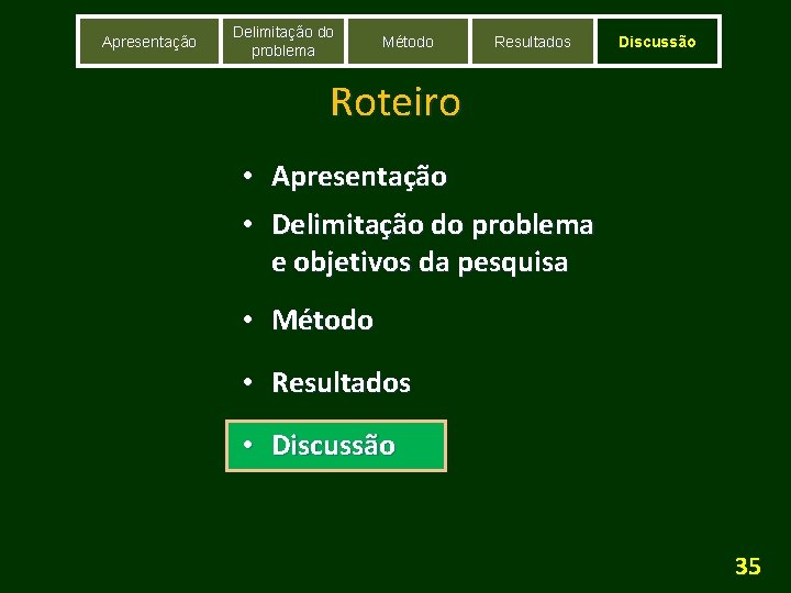 Apresentação Delimitação do problema Método Resultados Discussão Roteiro • Apresentação • Delimitação do problema