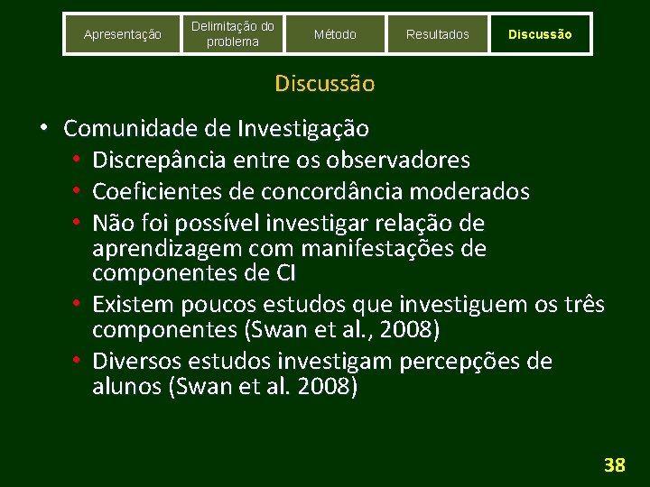 Apresentação Delimitação do problema Método Resultados Discussão • Comunidade de Investigação • Discrepância entre