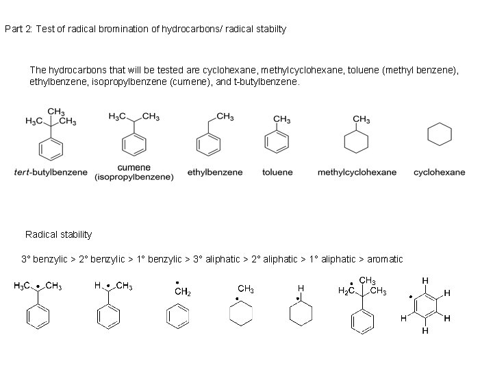 Part 2: Test of radical bromination of hydrocarbons/ radical stabilty The hydrocarbons that will
