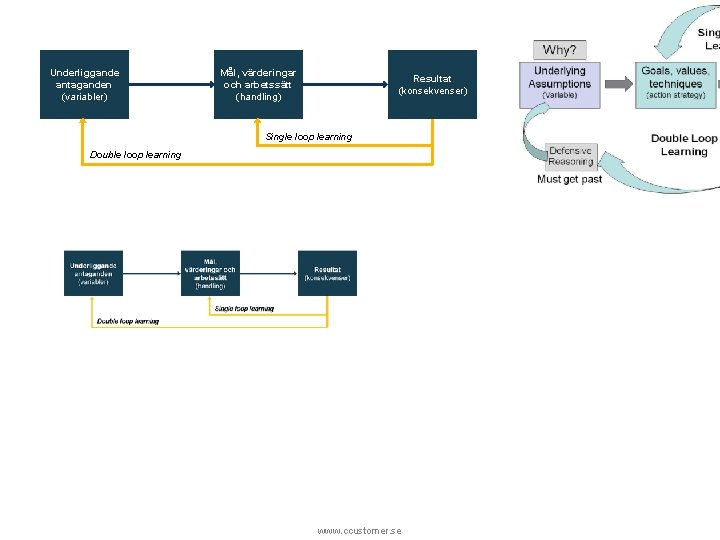 Underliggande antaganden (variabler) Mål, värderingar och arbetssätt (handling) Resultat (konsekvenser) Single loop learning Double