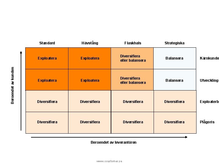 Beroendet av kunden Standard Hävstång Flaskhals Strategiska Exploatera Diversifiera eller balansera Balansera Kärnkunde Exploatera