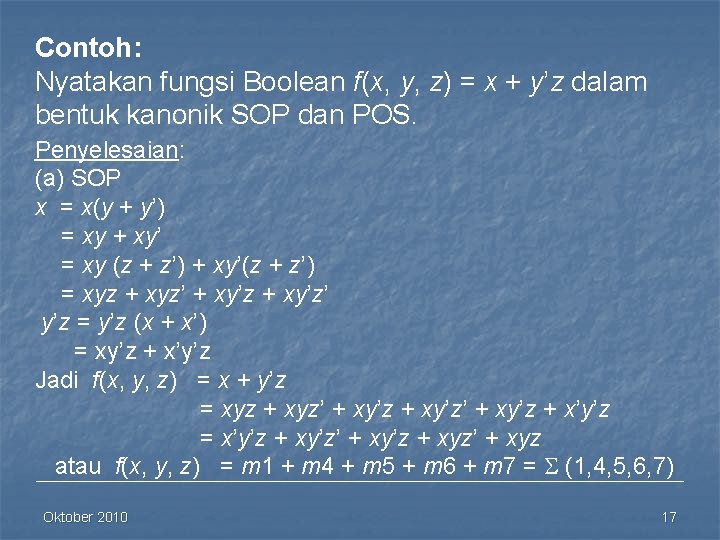 Contoh: Nyatakan fungsi Boolean f(x, y, z) = x + y’z dalam bentuk kanonik