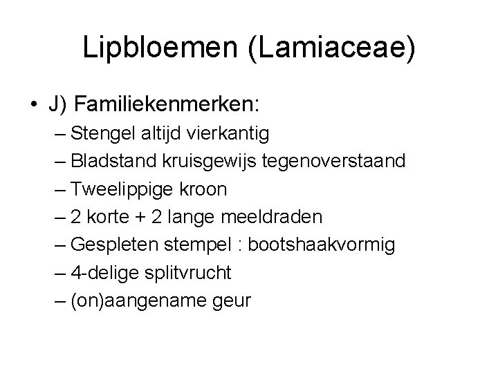 Lipbloemen (Lamiaceae) • J) Familiekenmerken: – Stengel altijd vierkantig – Bladstand kruisgewijs tegenoverstaand –