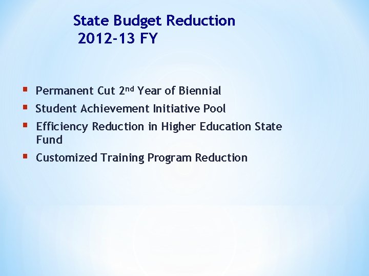 State Budget Reduction 2012 -13 FY § § § Permanent Cut 2 nd Year