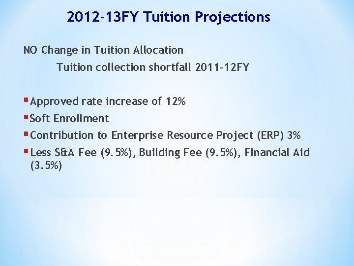2012 -13 FY Tuition Projections NO Change in Tuition Allocation Tuition collection shortfall 2011