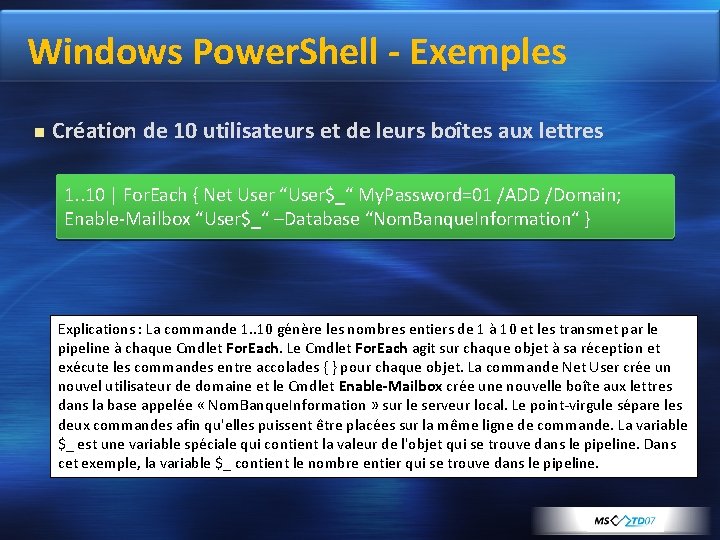 Windows Power. Shell - Exemples Création de 10 utilisateurs et de leurs boîtes aux