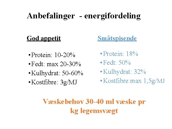 Anbefalinger - energifordeling God appetit • Protein: 10 -20% • Fedt: max 20 -30%