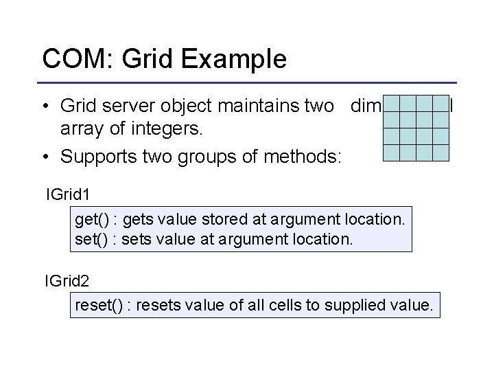 COM: Grid Example • Grid server object maintains two dimensional array of integers. • COM: Grid Example • Grid server object maintains two dimensional array of integers. •