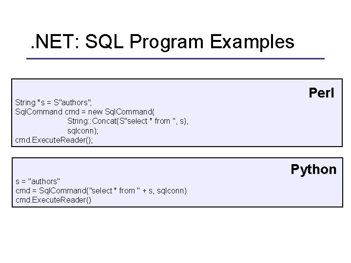 . NET: SQL Program Examples String *s = S"authors"; Sql. Command cmd = new