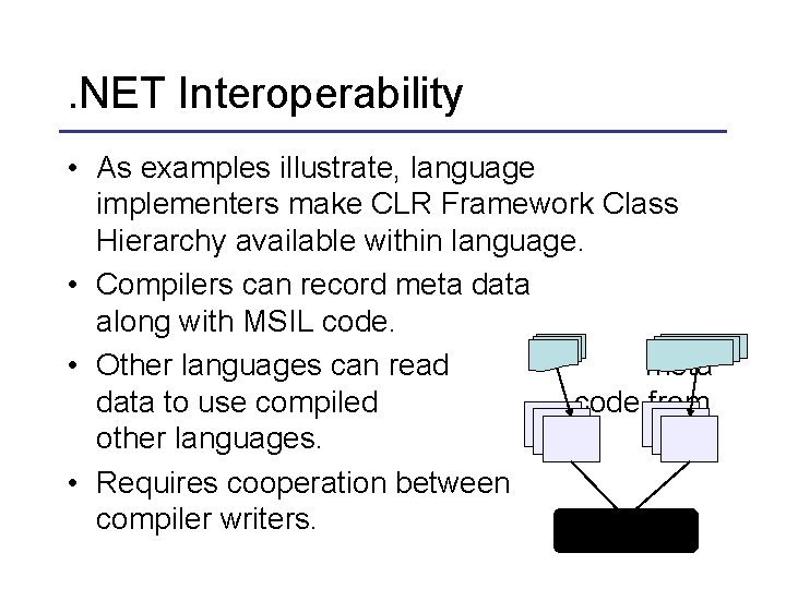 . NET Interoperability • As examples illustrate, language implementers make CLR Framework Class Hierarchy