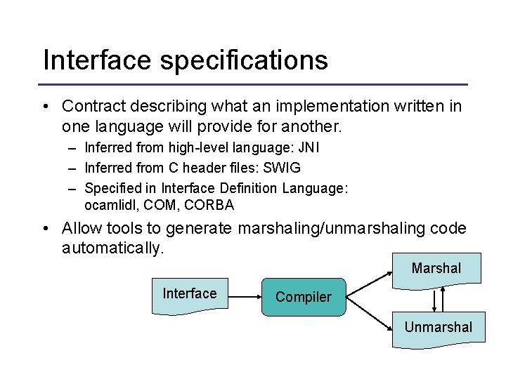 Interface specifications • Contract describing what an implementation written in one language will provide