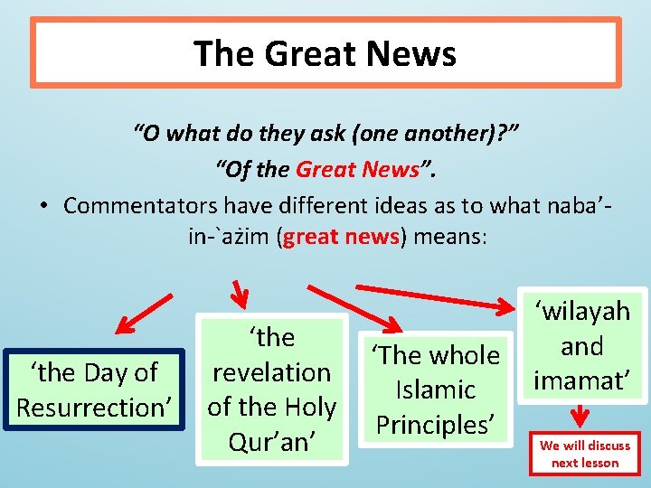 The Great News “O what do they ask (one another)? ” “Of the Great