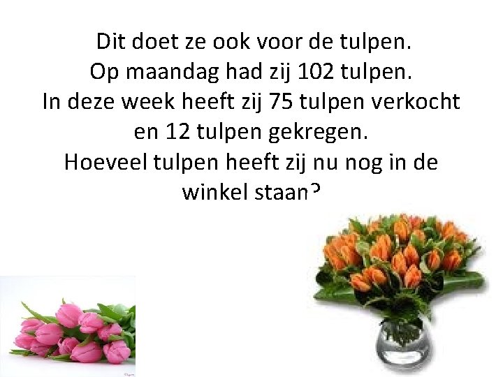 Dit doet ze ook voor de tulpen. Op maandag had zij 102 tulpen. In