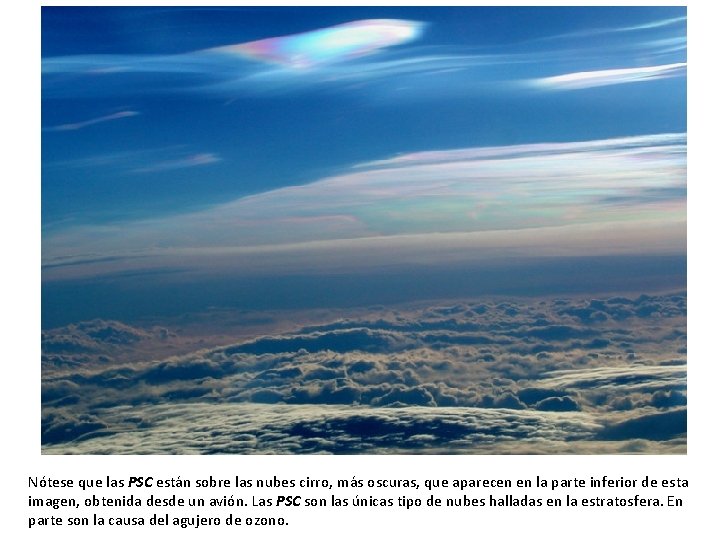 Nótese que las PSC están sobre las nubes cirro, más oscuras, que aparecen en