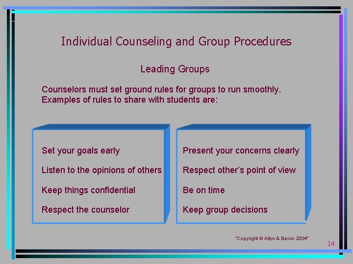 Individual Counseling and Group Procedures Leading Groups Counselors must set ground rules for groups