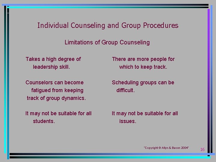 Individual Counseling and Group Procedures Limitations of Group Counseling Takes a high degree of