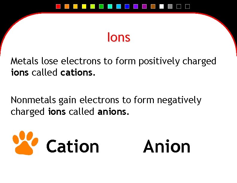 Ions Metals lose electrons to form positively charged ions called cations. Nonmetals gain electrons