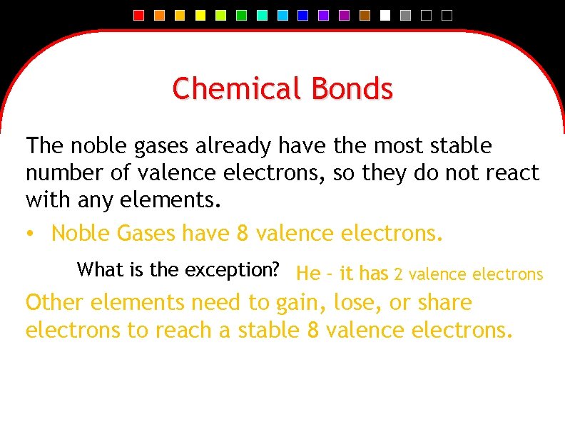 Chemical Bonds The noble gases already have the most stable number of valence electrons,