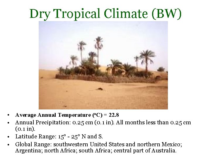 Dry Tropical Climate (BW) • Average Annual Temperature (o. C) = 22. 8 • Dry Tropical Climate (BW) • Average Annual Temperature (o. C) = 22. 8 •