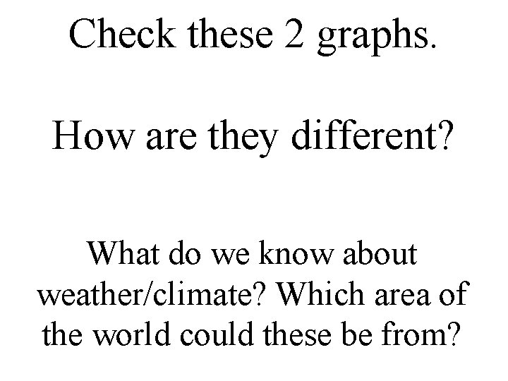 Check these 2 graphs. How are they different? What do we know about weather/climate? Check these 2 graphs. How are they different? What do we know about weather/climate?