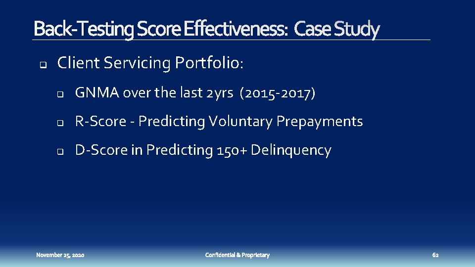 Back-Testing Score Effectiveness: Case Study q Client Servicing Portfolio: q GNMA over the last