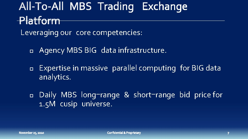 Leveraging our core competencies: p p p Agency MBS BIG data infrastructure. Expertise in