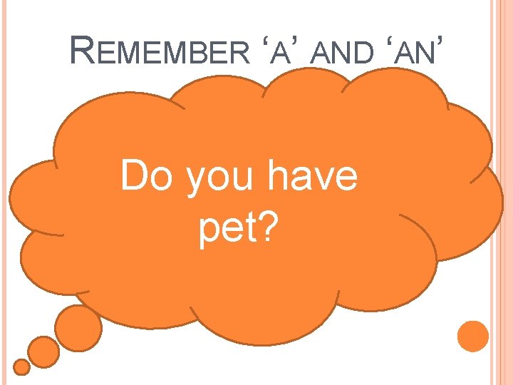 REMEMBER ‘A’ AND ‘AN’ Do you have pet? 