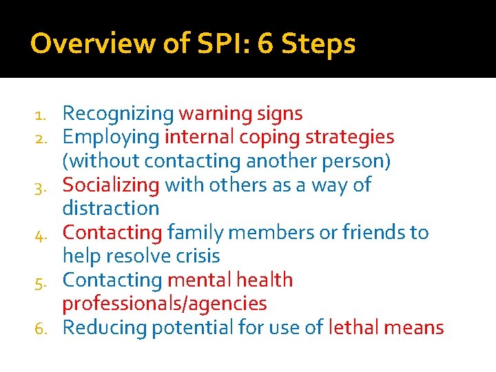 Overview of SPI: 6 Steps 1. 2. 3. 4. 5. 6. Recognizing warning signs