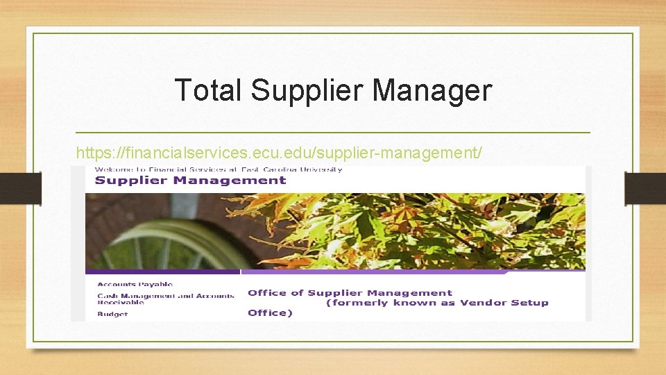 Total Supplier Manager https: //financialservices. ecu. edu/supplier-management/ 