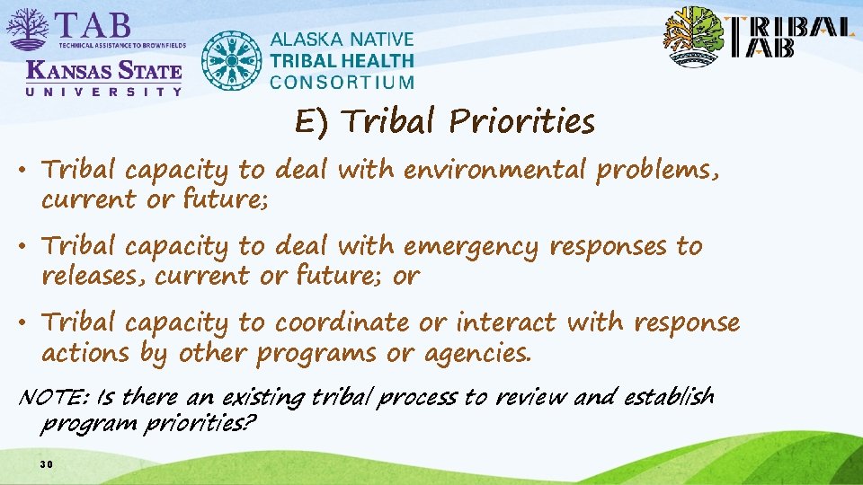 E) Tribal Priorities • Tribal capacity to deal with environmental problems, current or future;