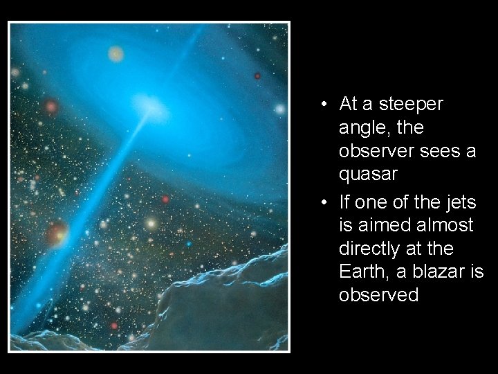  • At a steeper angle, the observer sees a quasar • If one