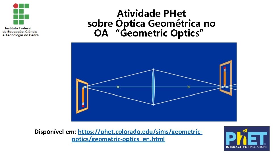 Atividade PHet sobre Óptica Geométrica no OA “Geometric Optics” Disponível em: https: //phet. colorado.