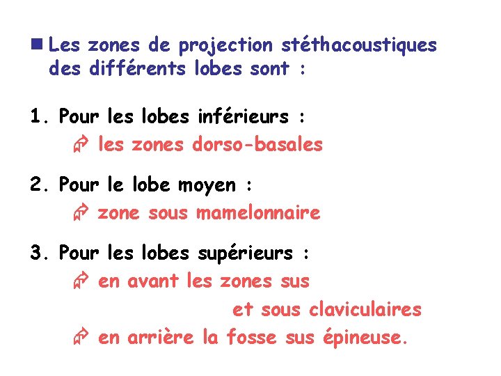 n Les zones de projection stéthacoustiques différents lobes sont : 1. Pour les lobes