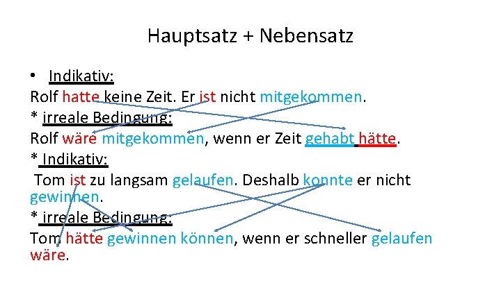 Hauptsatz + Nebensatz • Indikativ: Rolf hatte keine Zeit. Er ist nicht mitgekommen. *