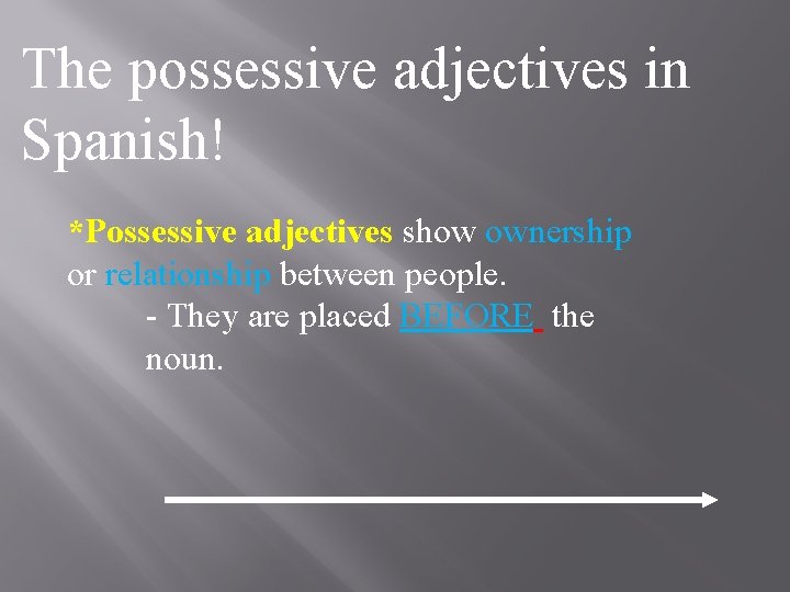 The possessive adjectives in Spanish! *Possessive adjectives show ownership or relationship between people. -