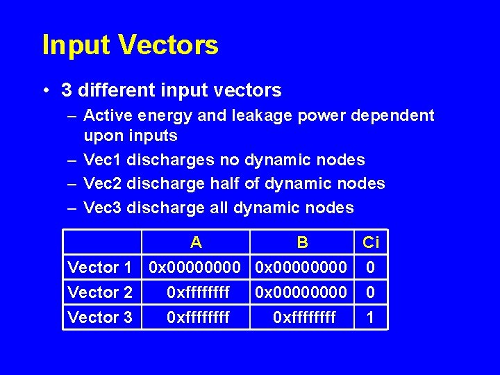 Input Vectors • 3 different input vectors – Active energy and leakage power dependent