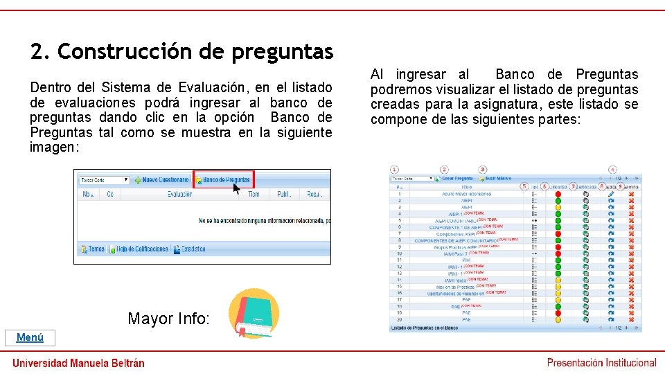 2. Construcción de preguntas Dentro del Sistema de Evaluación, en el listado de evaluaciones