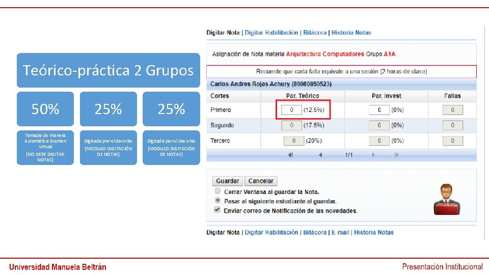 Teórico-práctica 2 Grupos 50% 25% Tomado de Manera Automática Examen Virtual [NO DEBE DIGITAR